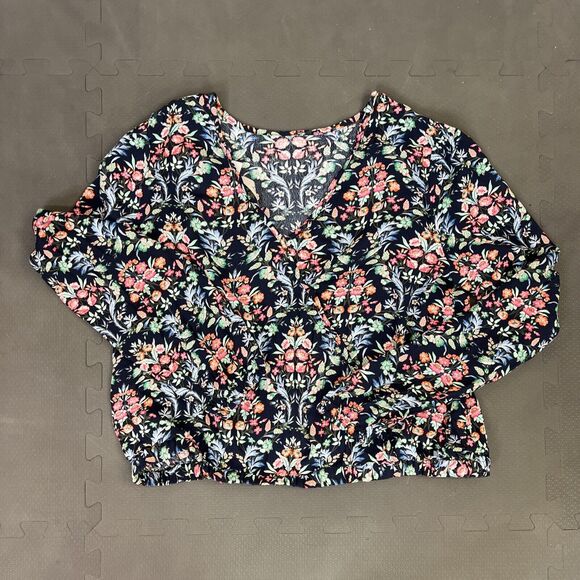 NWT Ann Taylor Loft Navy Flower Print Peasant Top Sz M White Elastic Waistband - Picture 5 of 10